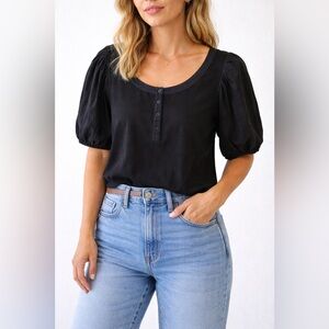 Sundance Black Boho Blouse Puff Sleeve Henley Top Coastal Casual Size XL